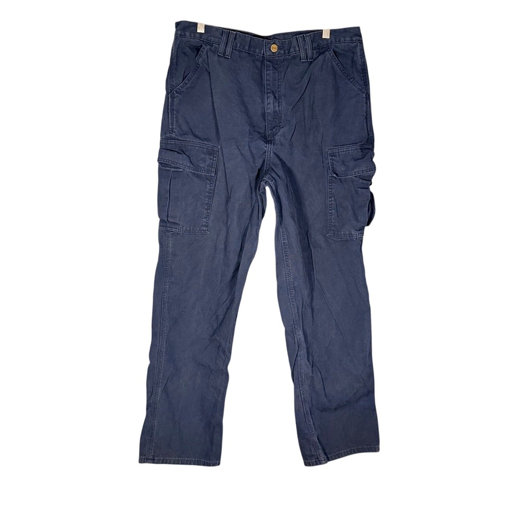 Carhartt Mens Navy Blue Duck Canvas Cargo Work Pants 38x32 Straight Leg Utility